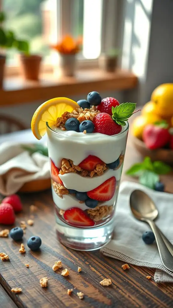 Delicious Lemon Berry Parfait with lemon yogurt, mixed berries, and granola