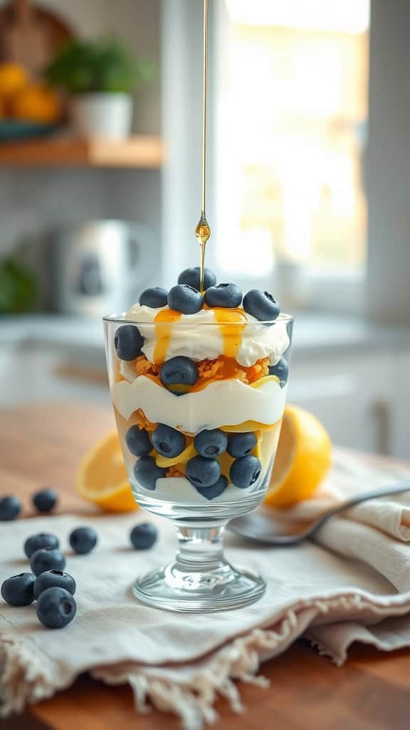 Lemon Blueberry Delight Parfait with yogurt, blueberries, and honey