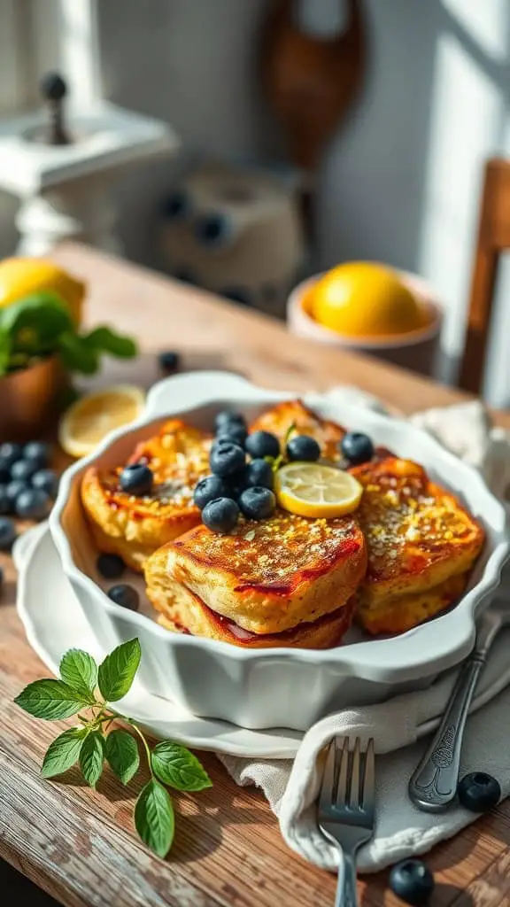 Delicious lemon blueberry french toast bake topped with fresh blueberries and lemon slices.