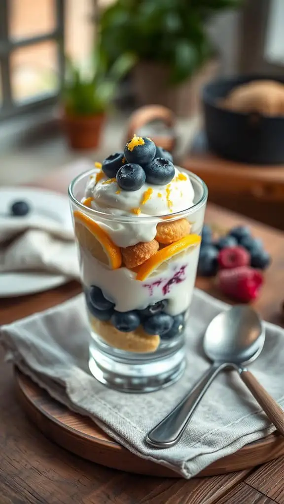 A refreshing lemon blueberry parfait with layers of yogurt, blueberries, and granola.