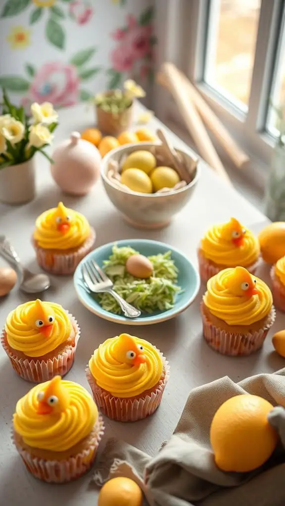 Cupcakes decorated to look like chicks with lemon frosting