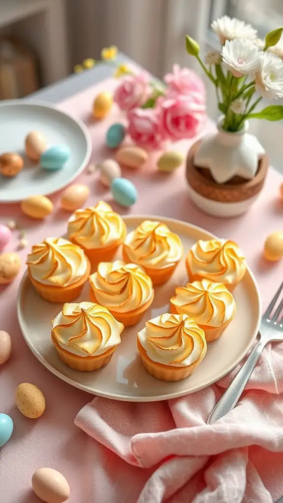 Lemon meringue tartlets with toasted meringue and lemon curd in a light setting