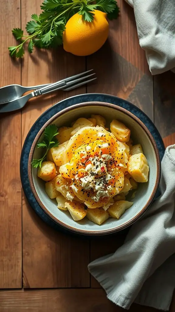 A bowl of Lemon Parmesan Crunch Smashed Potato Salad garnished with herbs and lemon zest.