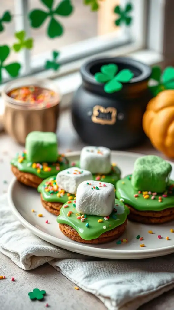 Leprechaun Hat Cookies made with Oreos, marshmallows, and green candy melts, decorated with sprinkles.