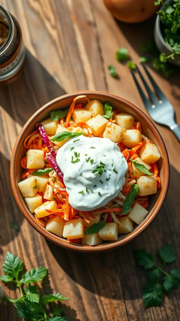 A bowl of lightened-up Russian potato salad with Greek yogurt, carrots, and herbs.