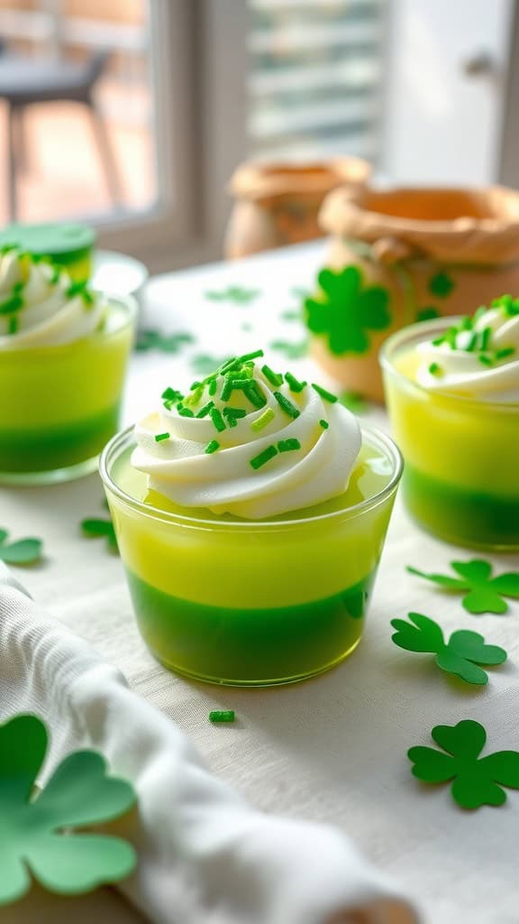 Lime Jello Cups with whipped cream and green sprinkles for St Patrick's Day