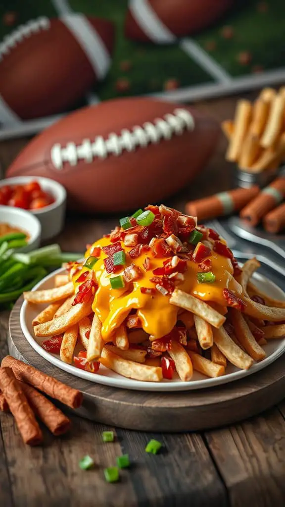 Delicious loaded bacon cheese fries topped with melted cheddar, crispy bacon, and green onions, perfect for a Superbowl party.