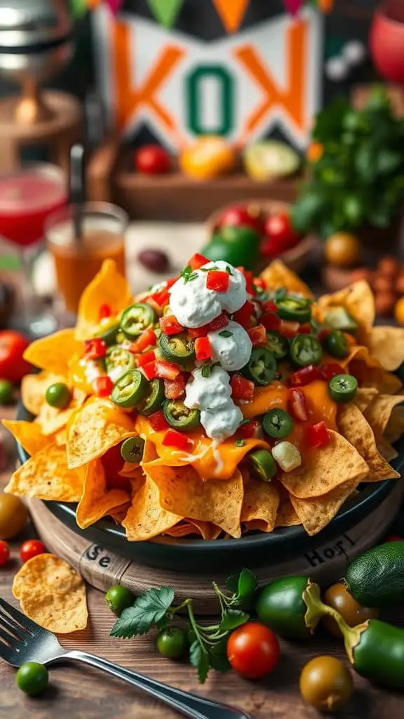 A plate of loaded nachos with cheese, jalapeños, tomatoes, and sour cream