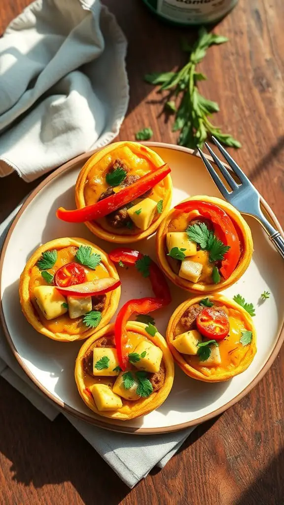 Sausage egg muffin cups with peppers, onions, and cheese on a plate.