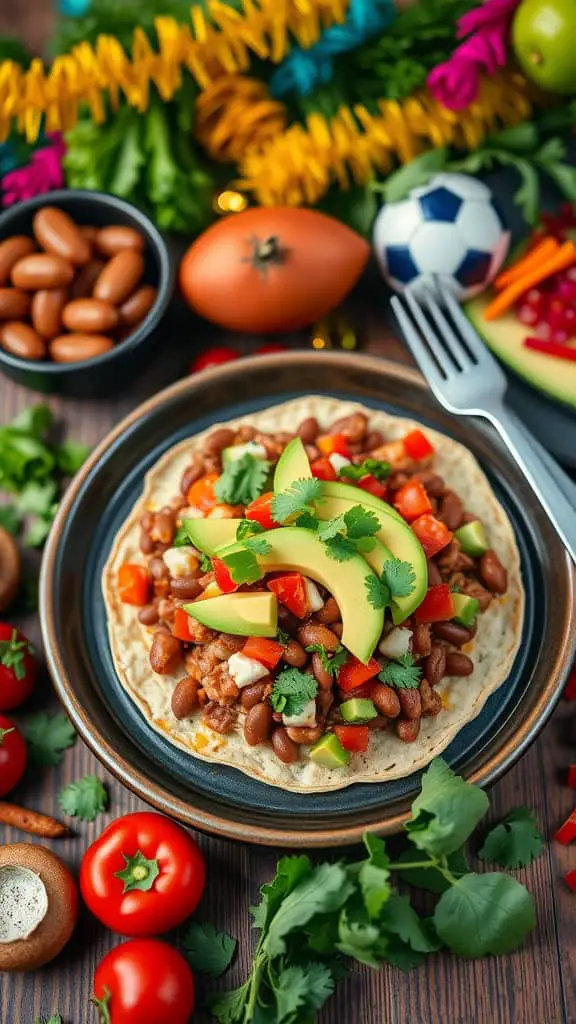 Delicious loaded tostadas topped with refried beans, avocado, and fresh veggies, perfect for a Super Bowl party.