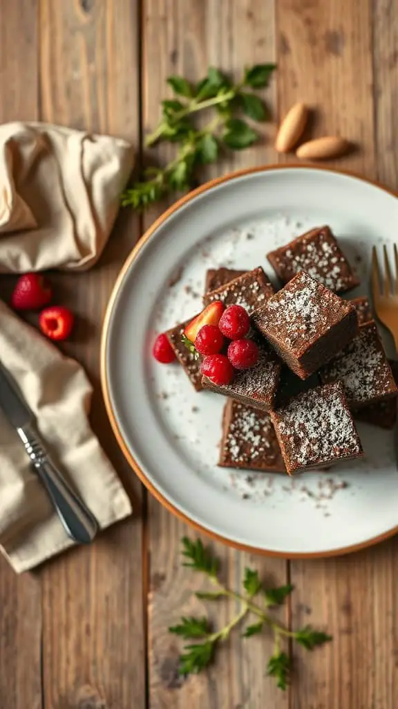 Delicious low-calorie cottage cheese brownies on a white plate, garnished with fresh berries.