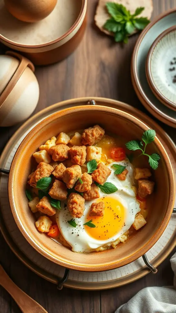 Baked cottage cheese and eggs with sausage crumbles