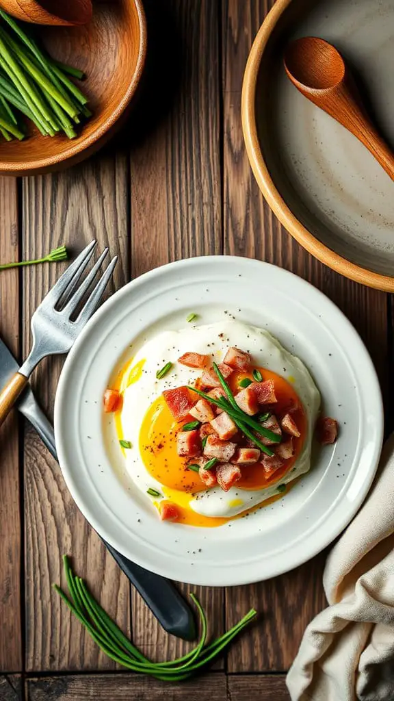 A plate of baked cottage cheese eggs topped with diced ham and chives