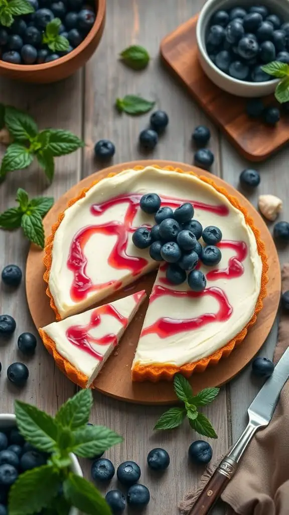 Low-carb no bake blueberry cheesecake with almond flour crust and blueberries on top