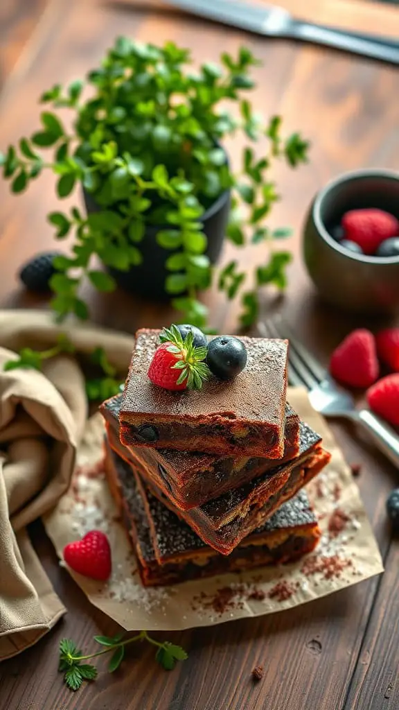 Delicious cottage cheese brownies stacked with berries on top.
