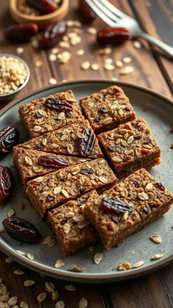 Low calorie energy bars made with dates, oats, and protein powder, cut into pieces on a plate.