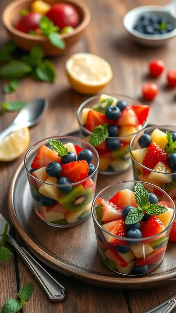 Colorful fruit salad cups with strawberries, blueberries, kiwi, and mint