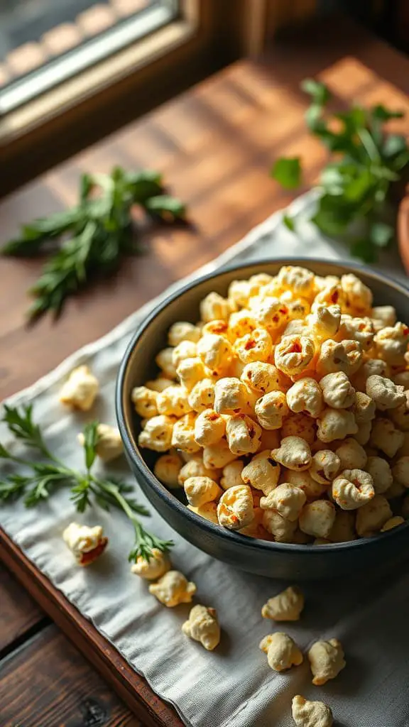 A bowl of air-popped popcorn topped with nutritional yeast, sitting on a light cloth with fresh herbs in the background.