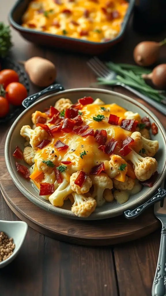 A delicious low carb breakfast bake featuring cauliflower, cheddar cheese, and crumbled bacon, garnished with parsley.