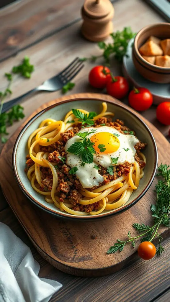 A delicious low-carb breakfast bowl with zoodles, ground beef, and cheese topped with a parsley garnish.