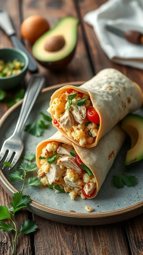 Delicious low carb breakfast burrito filled with cauliflower rice and chicken, served on a plate.