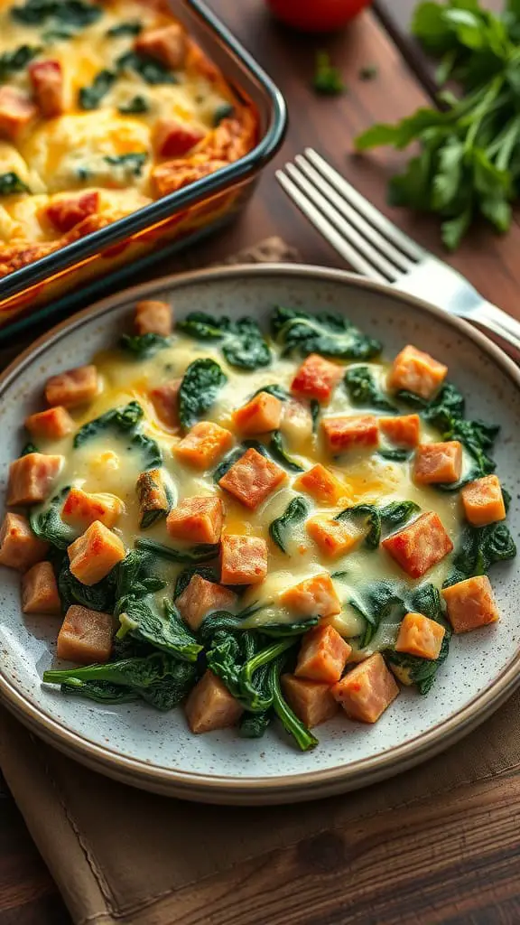 Low carb breakfast casserole with spinach, cheese, and ham on a plate.