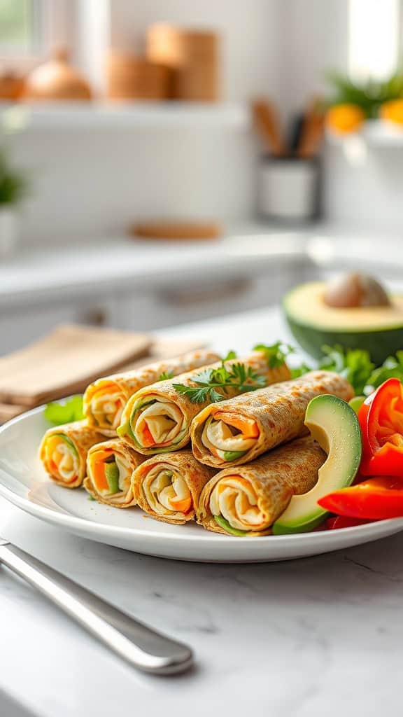 A plate of protein-packed cheese roll-ups with fresh vegetables.