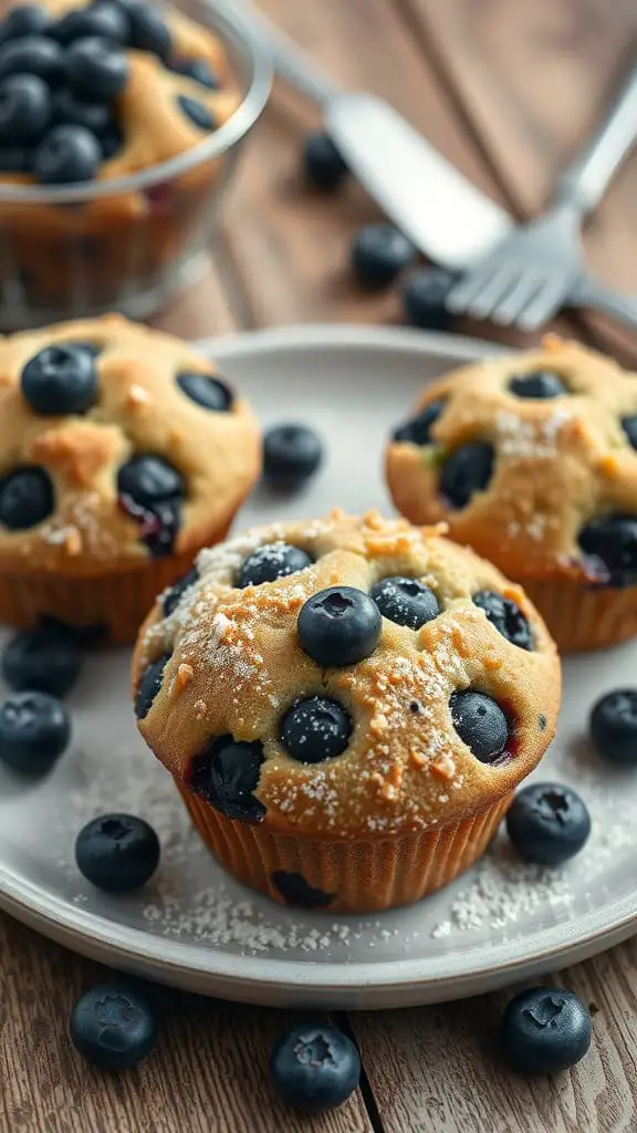 Low carb breakfast muffins with blueberries on a plate and scattered blueberries.