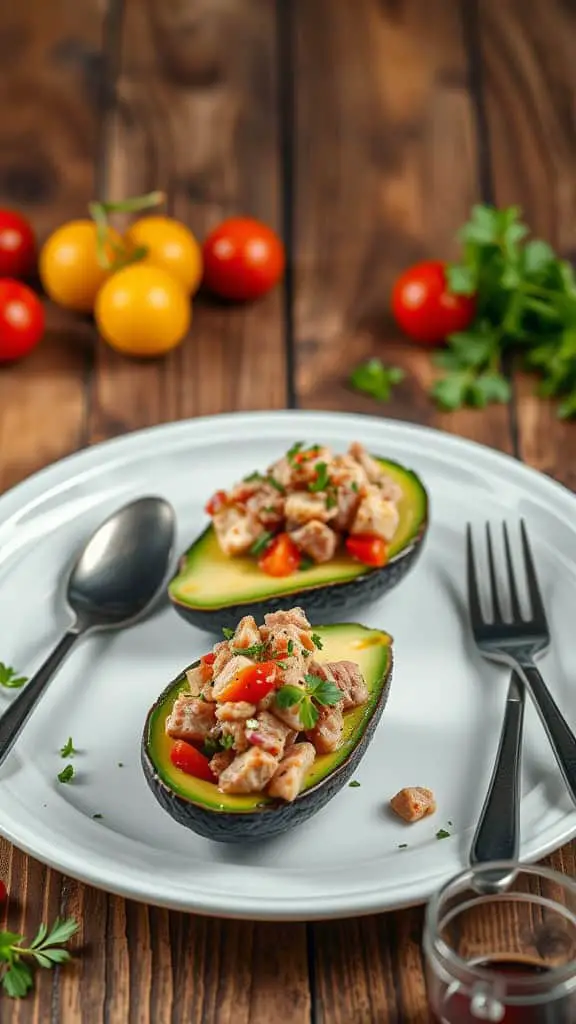 Avocado halves filled with tuna salad, garnished with fresh parsley, served on a plate