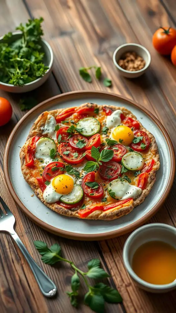 A delicious low carb breakfast pizza with a zucchini crust, topped with cheese, vegetables, and eggs.