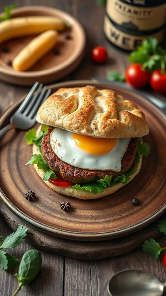 A low carb breakfast sandwich made with cloud bread, sausage, and a fried egg.