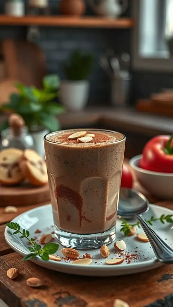 A delicious low carb breakfast smoothie with almond butter and cocoa.