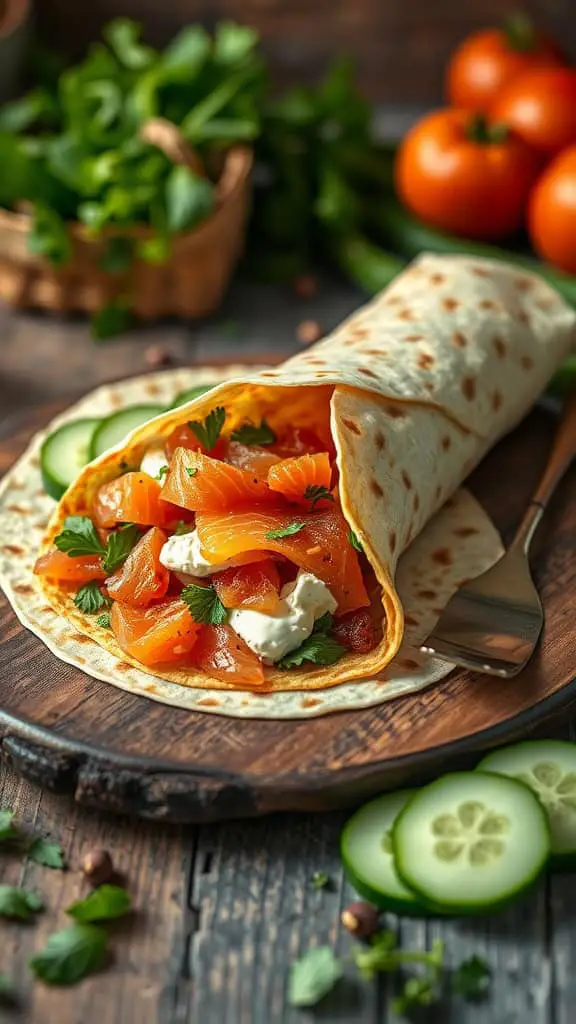 A delicious low carb breakfast wrap filled with smoked salmon, cream cheese, and fresh vegetables.