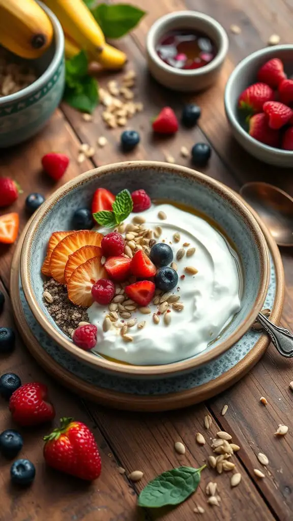 A colorful breakfast bowl featuring coconut yogurt topped with fresh fruits and seeds.