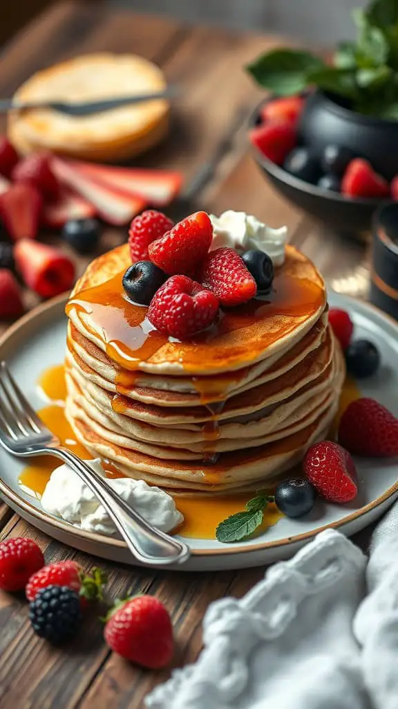 Low carb gluten free pancakes topped with berries and syrup