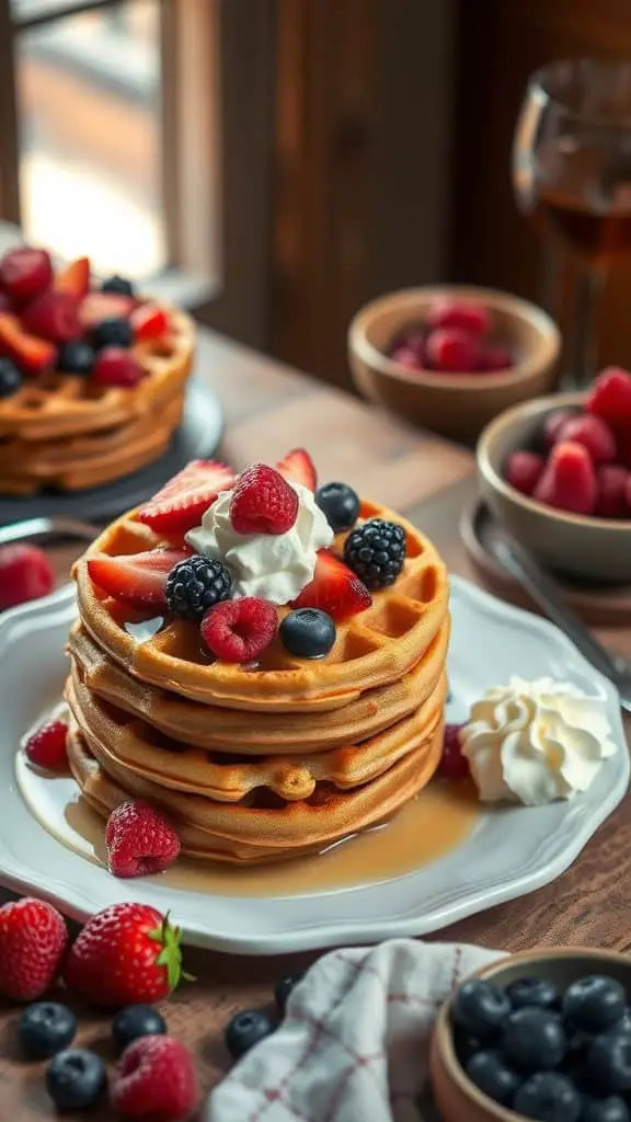 Delicious low carb keto waffles topped with fresh berries and whipped cream