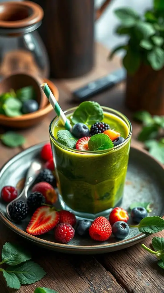 A green smoothie with spinach and mixed berries, served in a glass with a striped straw.