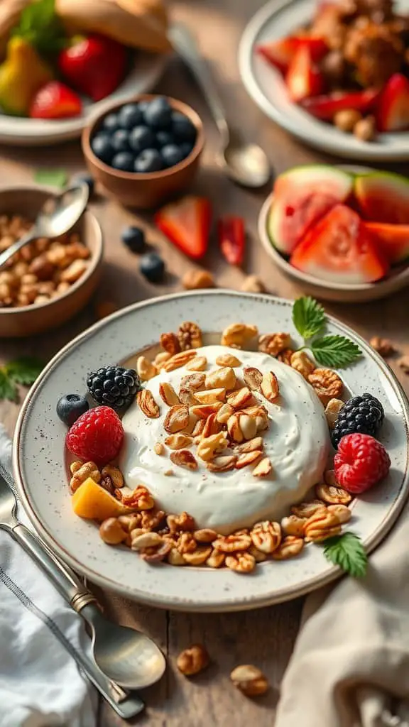 A delicious bowl of Greek yogurt topped with nuts and fresh berries, perfect for a low carb breakfast.