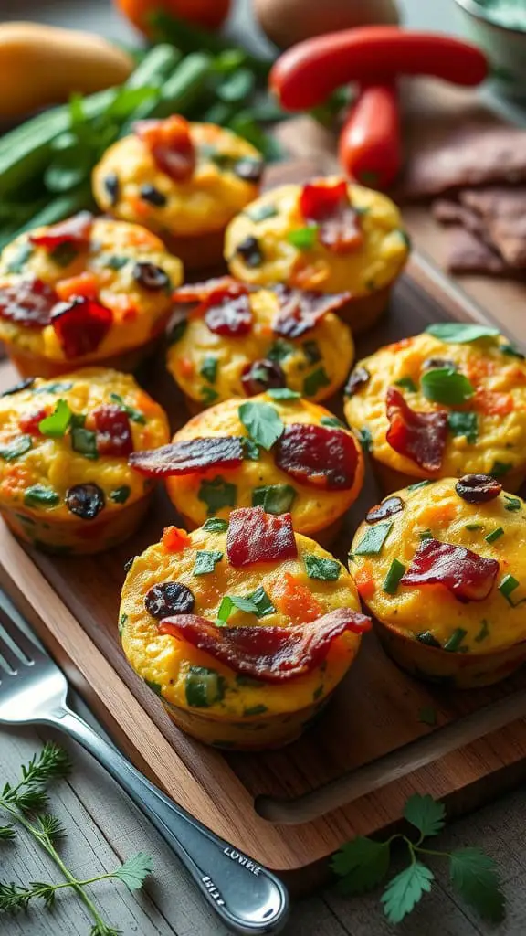 Delicious low carb breakfast egg muffins with veggies and bacon on a wooden board.