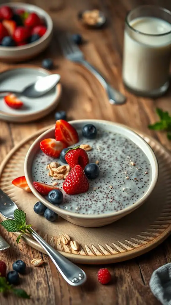 A bowl of chia pudding topped with fresh berries and nuts, served with almond milk.