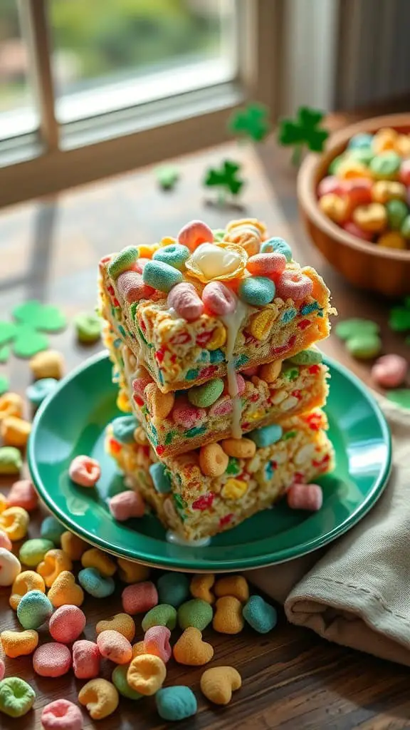 Colorful Lucky Charm Bars stacked on a green plate with cereal scattered around.