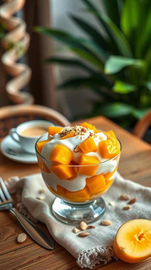 A delicious mango parfait with yogurt, fresh mango chunks, and crushed almonds in a glass bowl.