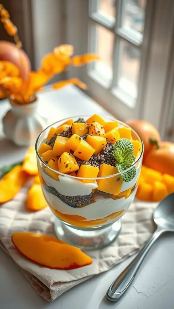 A refreshing mango yogurt parfait with layers of yogurt, diced mango, and chia seeds.