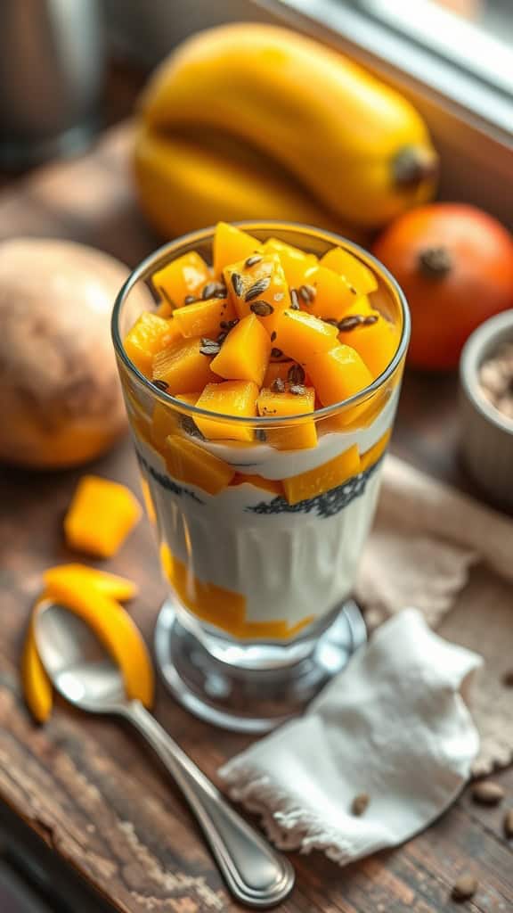 Mango Magic Parfait with diced mango, chia seeds, and yogurt