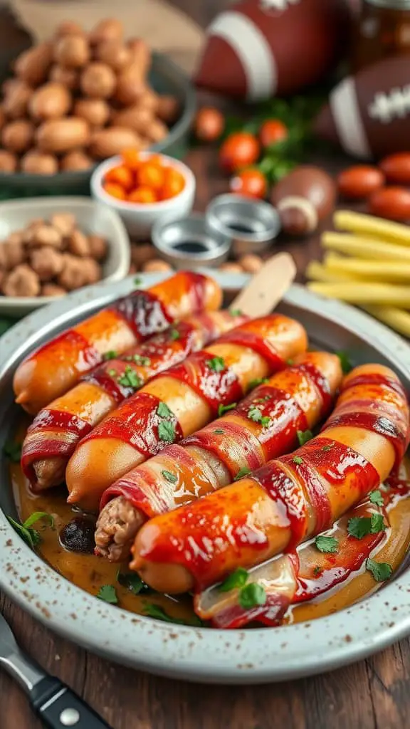 Maple-glazed bacon-wrapped sausages on a plate, garnished with parsley.