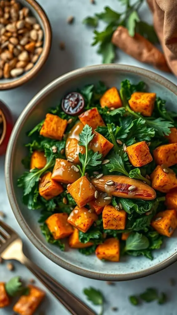 A colorful salad featuring kale, roasted sweet potatoes, and a maple-Dijon dressing