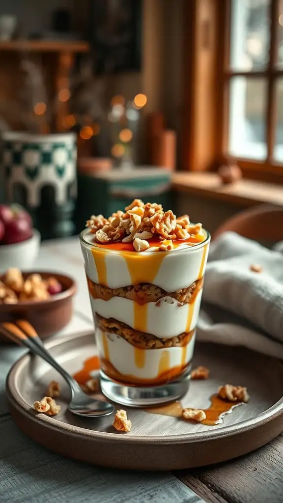 Maple Walnut Parfait with yogurt, maple syrup, and chopped walnuts