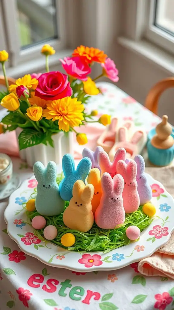 Colorful Marshmallow Bunny Pops on a decorative plate