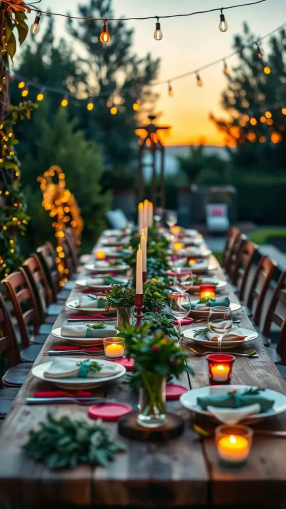 A beautifully set alfresco dinner table with candles, greenery, and string lights at sunset.