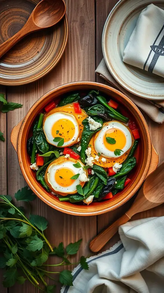A Mediterranean baked dish featuring eggs, spinach, and feta cheese